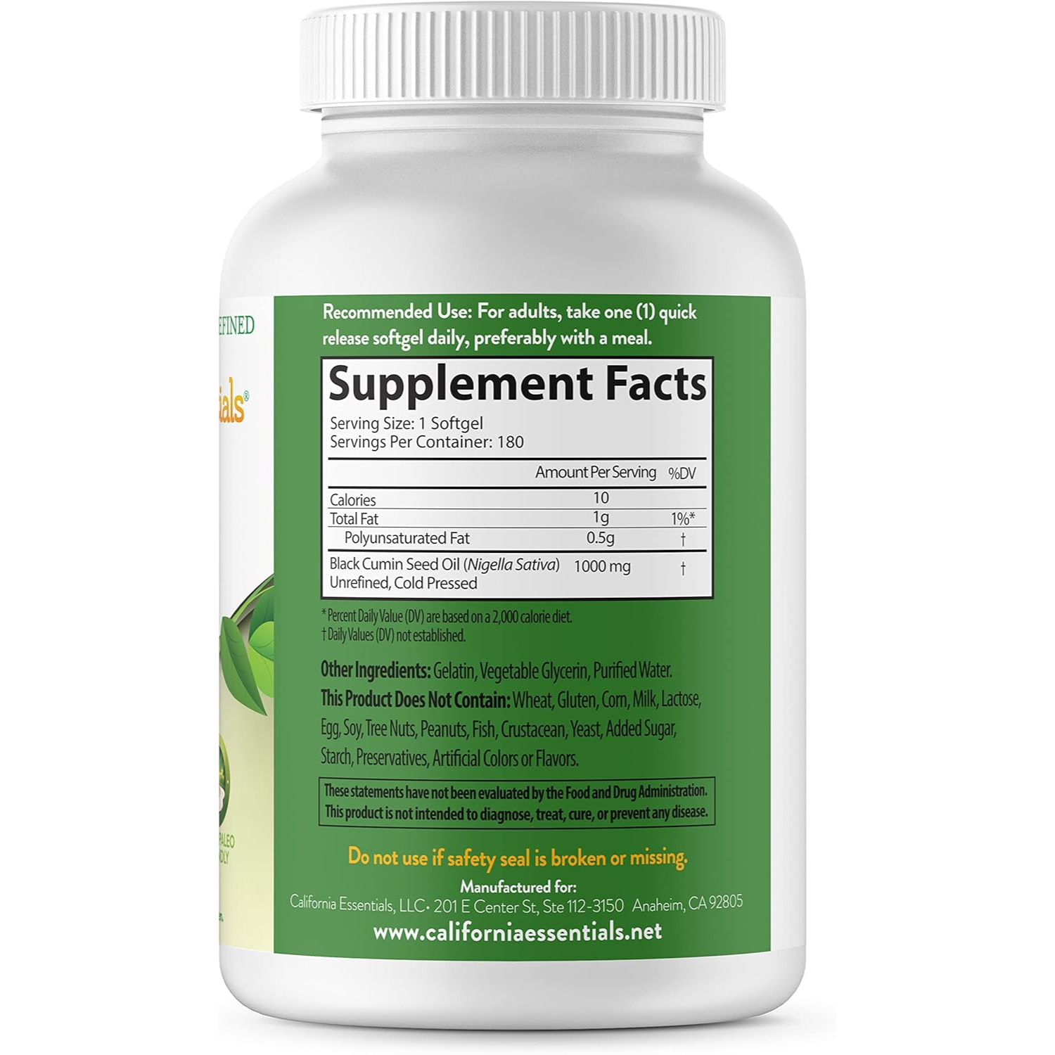 California Essentials - Wholesale Oral Supplement/Vitamin - Black Seed Oil Softgels - 1000mg Premium Cold Pressed14