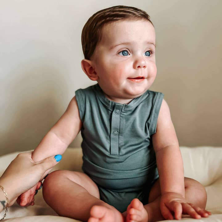 Bamboo Henley Romper for wholesale by Little Joy Co.