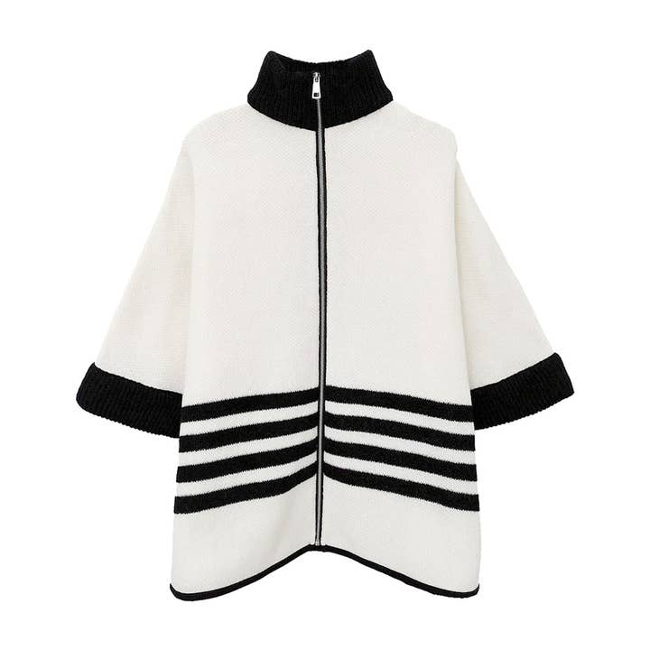 Sensibling Corp. - Wholesale Poncho - Women's - Sporty Bordered Zip Up Knit Cape Poncho12