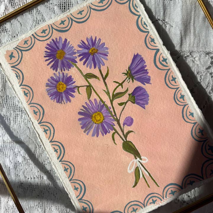 glad you're here co - Wholesale Painting/Drawing - Original September Birth Month Flower – Aster Flower Painting on Handmade Paper – Vintage Botanical Artwork for Elegance & Valor2