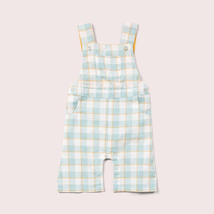 Soft Blue Checkered Dungaree Shorts for wholesale by Little Green Radicals