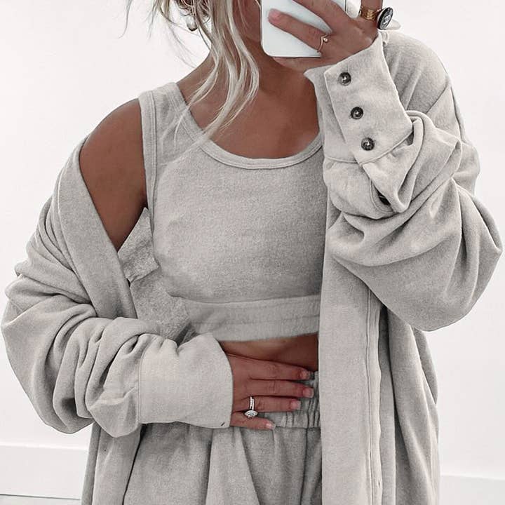 Sheridan | 3 Pcs Crop Tank Shorts with Cardigan Lounge Set and other Purchase Wholesale short set. Free Returns & Net 60 Terms on Faire trending on Faire.