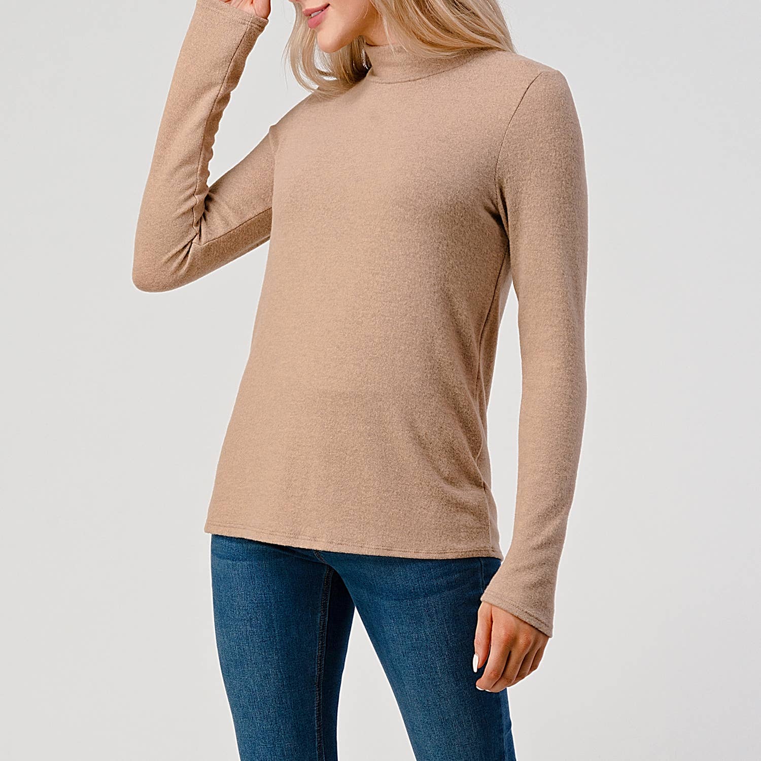 Heimious - Wholesale Knit Top - Women's - Mock Neck L-Sleeve Relaxed Fit Brushed Knit Top, T54823