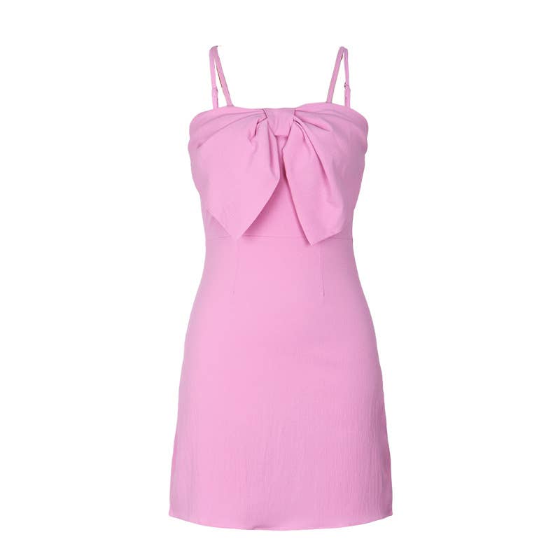 PINK Solid color slim short dress with ribbon bow for wholesale on Faire3