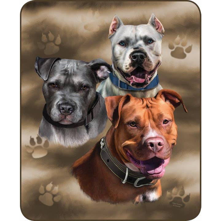 "Pitbull Trio" 1-Ply Medium Weight Faux Fur Blanket for wholesale by Duke Imports
