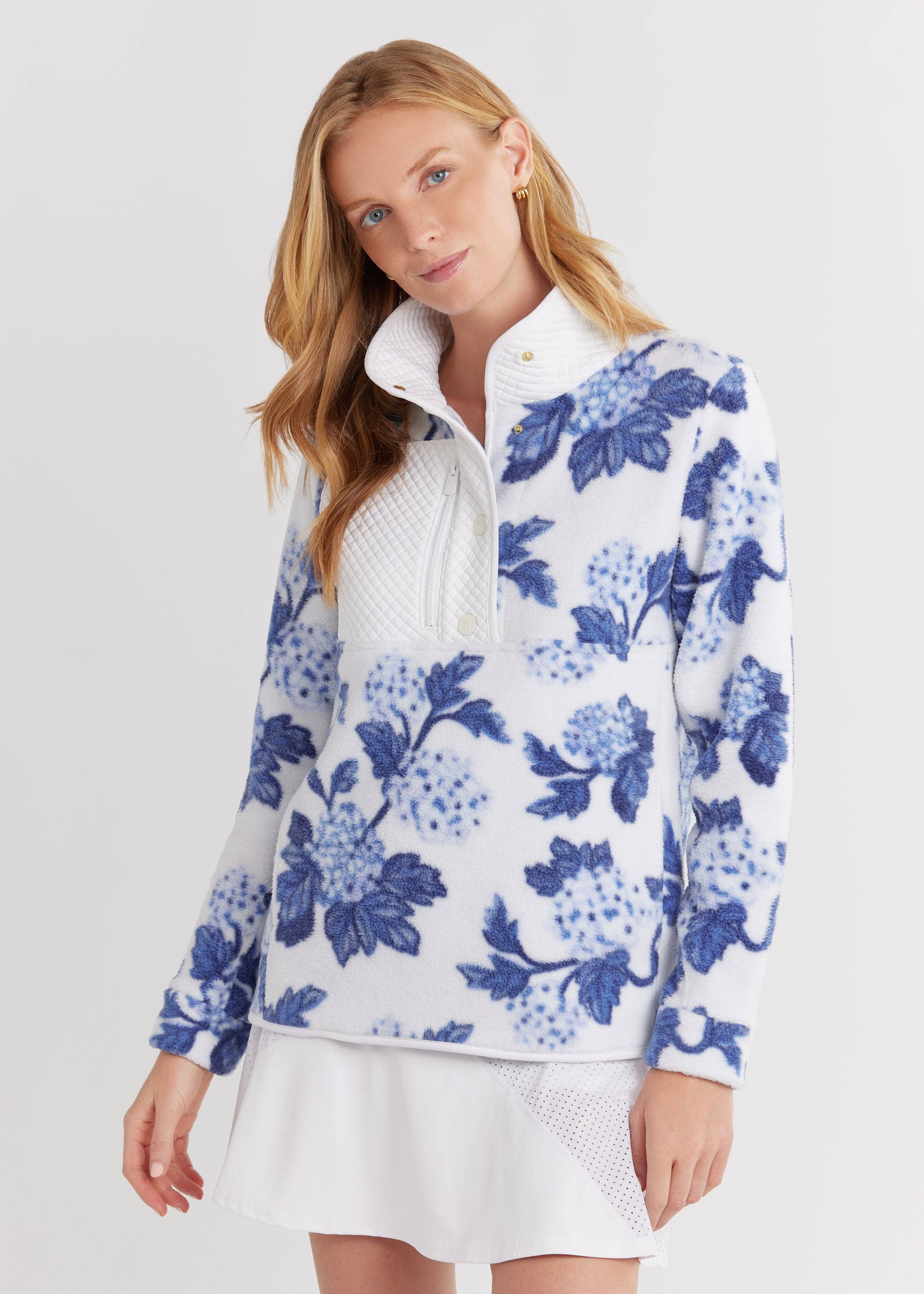 Dudley Stephens - Wholesale Sweatshirt - Women's - Cherry Lawn Pullover in Sherpa Fleece (Hydrangea Print/White)