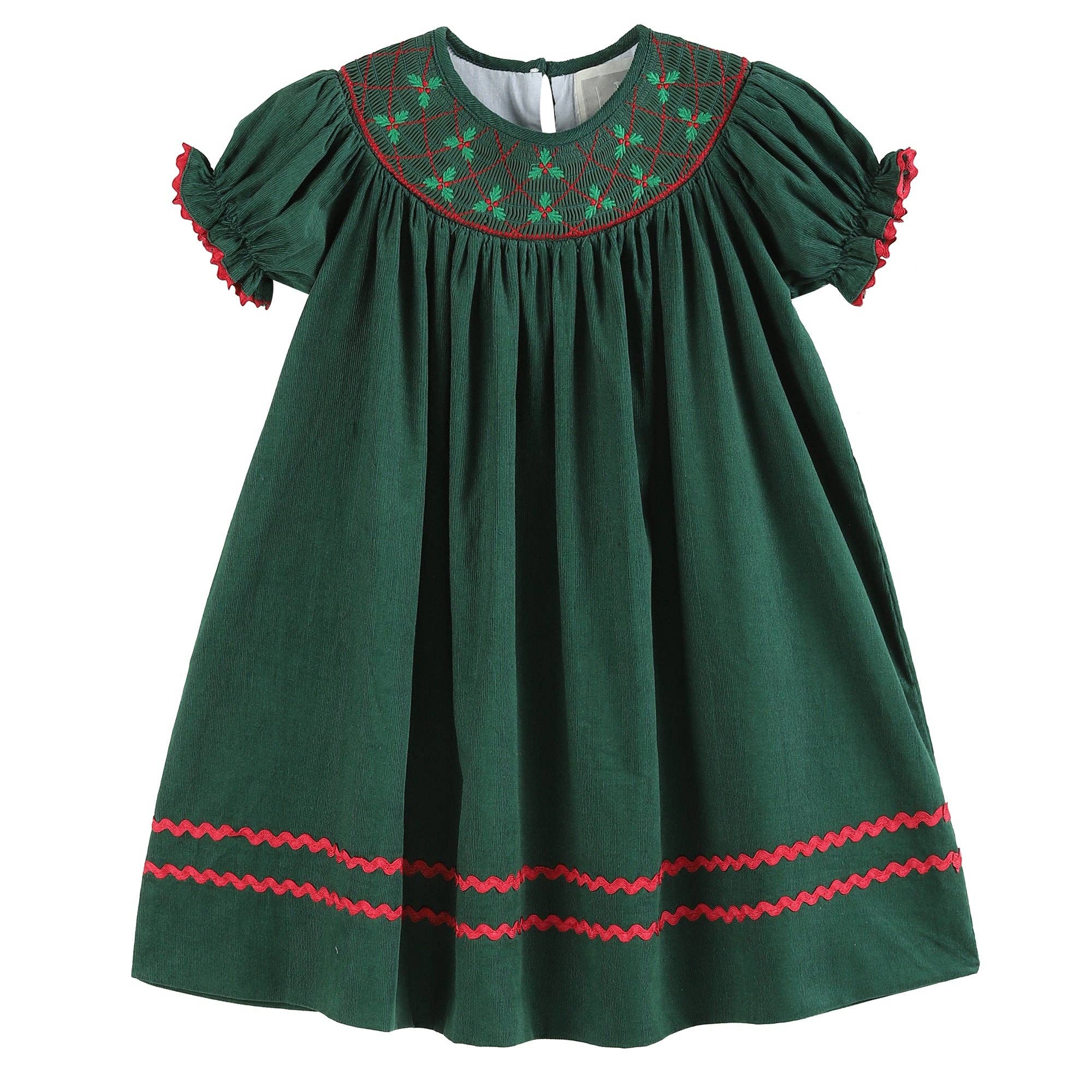 Lil Cactus – wholesale Dress – Kids – Green Christmas Mistletoe Smocked Bishop Dress