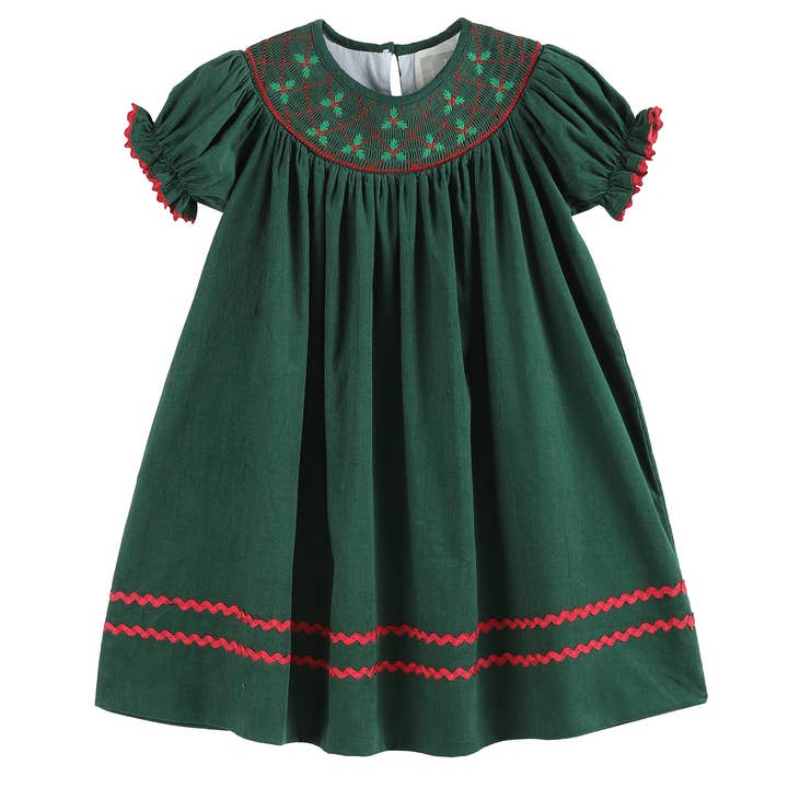 Lil Cactus – wholesale Dress – Kids – Green Christmas Mistletoe Smocked Bishop Dress0