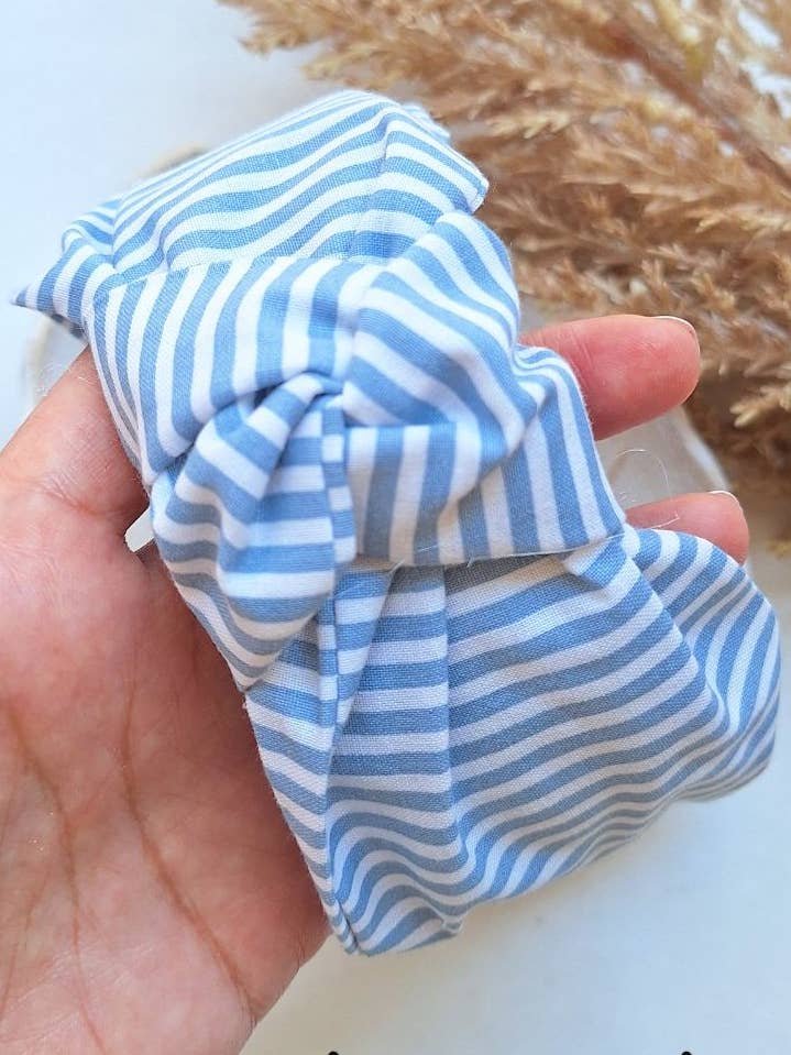 Headband Bow Light Blue Stripes for wholesale by From Scratch Store