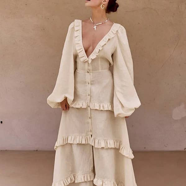 A-Line Long Sleeve Button Pleat Ruffle Split Tie Deep V Maxi for wholesale by Sheer Trend