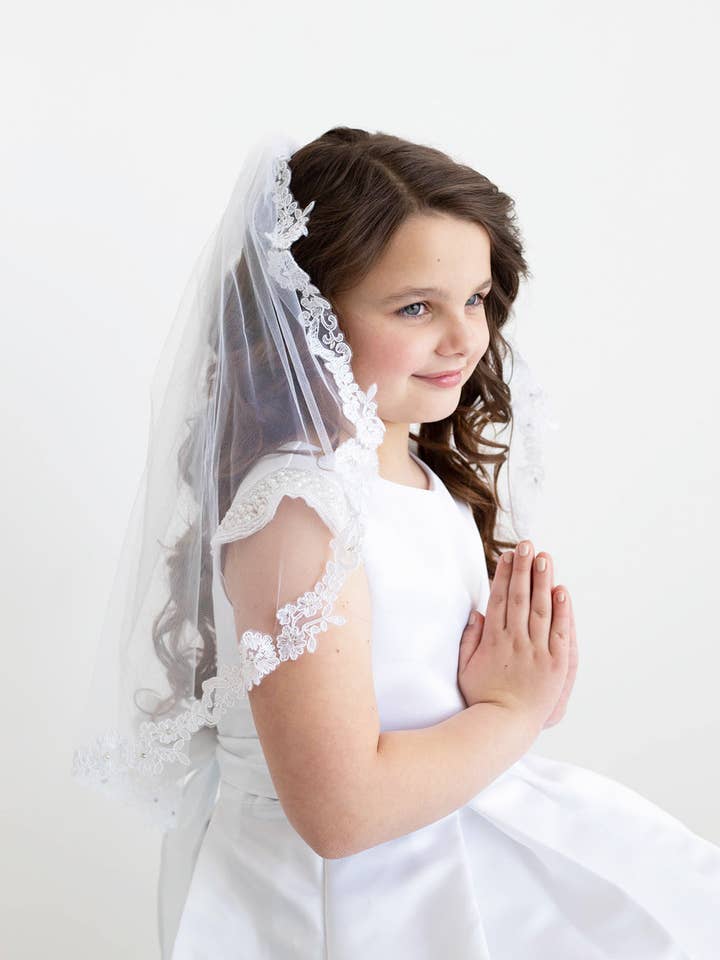 Véu de Comunhão com Borda de Renda por atacado de allureweddingjewelry