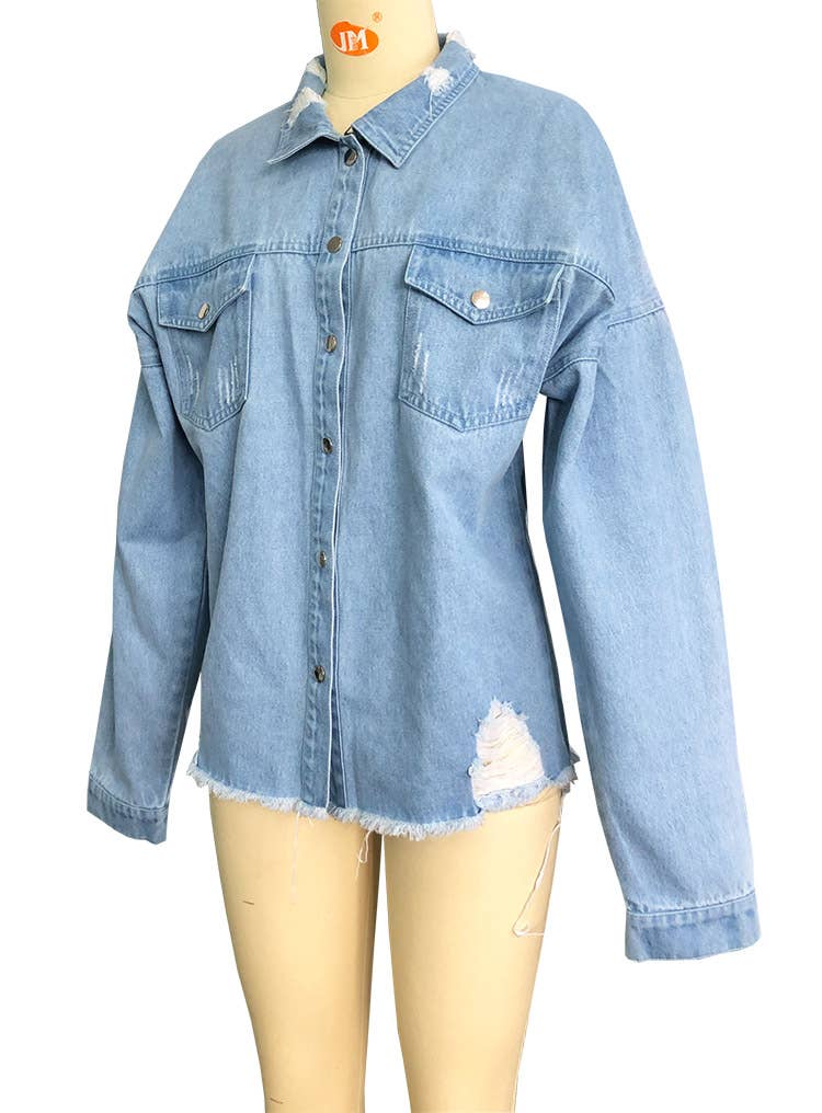 HIDDENBRAND - Wholesale Denim Jacket - Women's - Oversized  ripped frayed edges denim jacket12