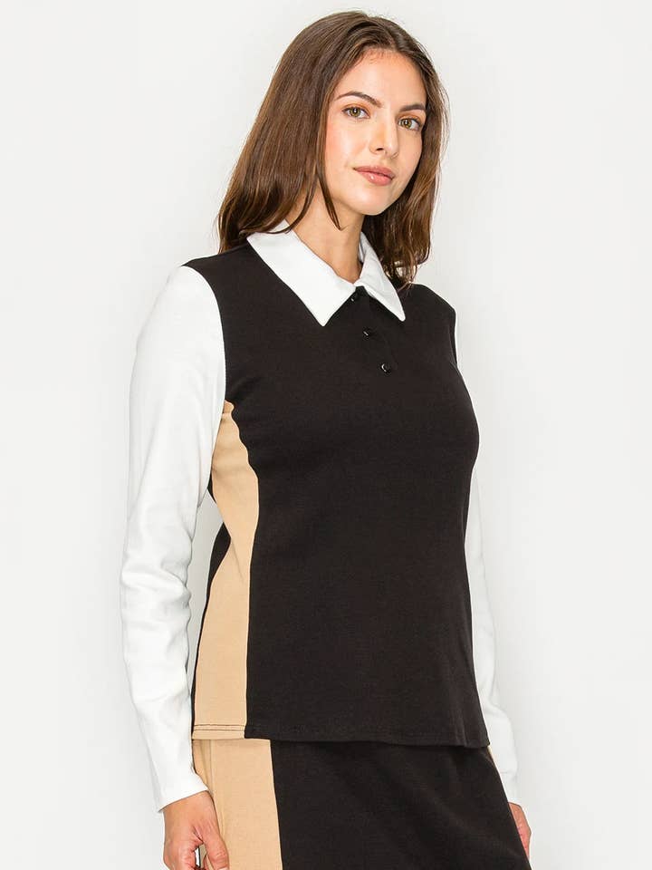 Polo T-shirt manches longues à panneau contrastant noir pour la vente par Yal New York