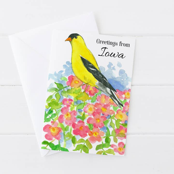 Gruß aus Iowa State Bird Flower Stieglitz Rosen Karte für den Großhandel von Rugosa & Pine