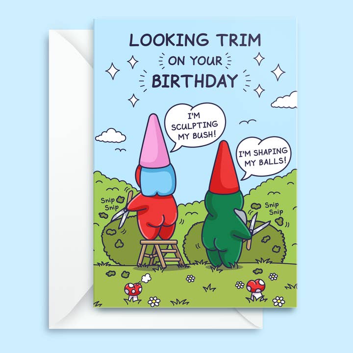 Cheeky Legends - Wholesale Birthday Card - Funny Birthday Card - Trimming Her Bush and His Balls - Garden Gnomes5