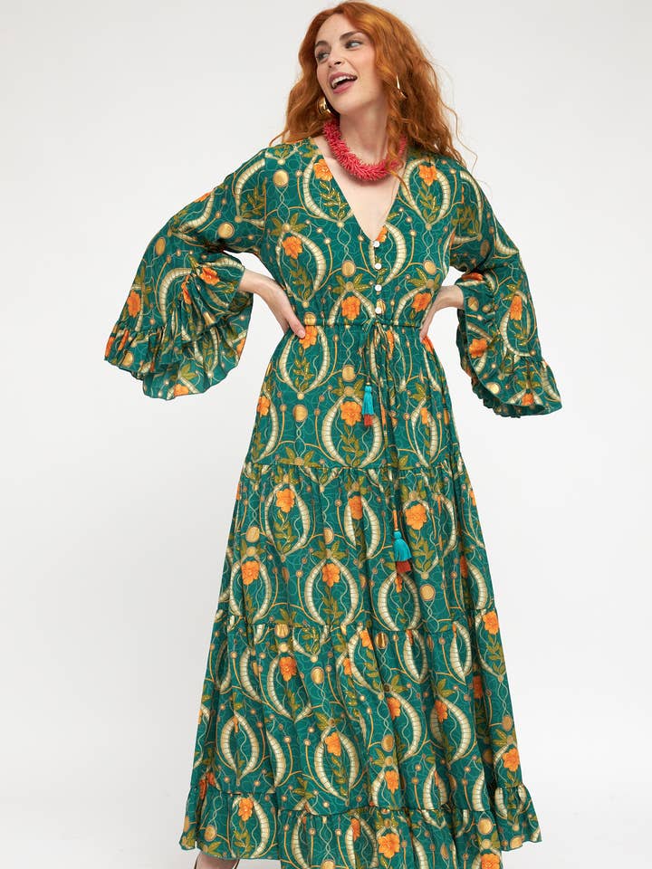 VESTIDO LARGO ESTAMPADO FLORAL 100% SEDA FRÍA para venta al por mayor de Nats Store