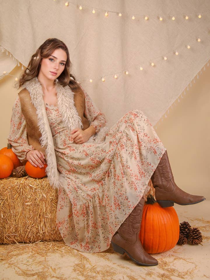 NJ90398-Colete Boho de Camurça Sherpa com Pêlo Sintético por atacado de VERY J