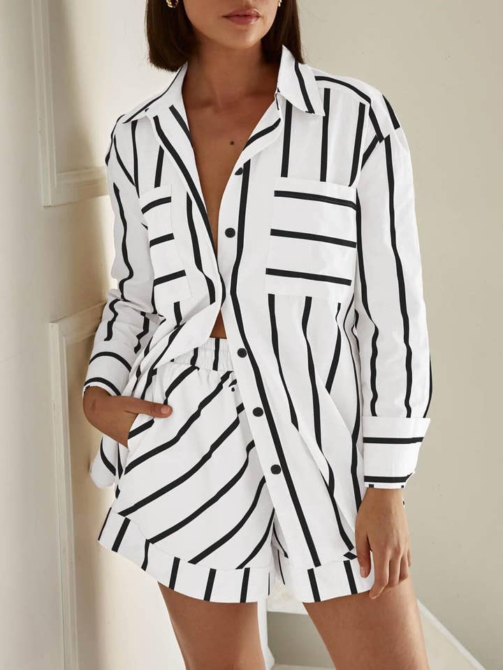 HIDDENBRAND - Wholesale Top & Short Set (NOT Loungewear) - Women's - Smart Casual Striped Contrasting Shirt Shorts Set