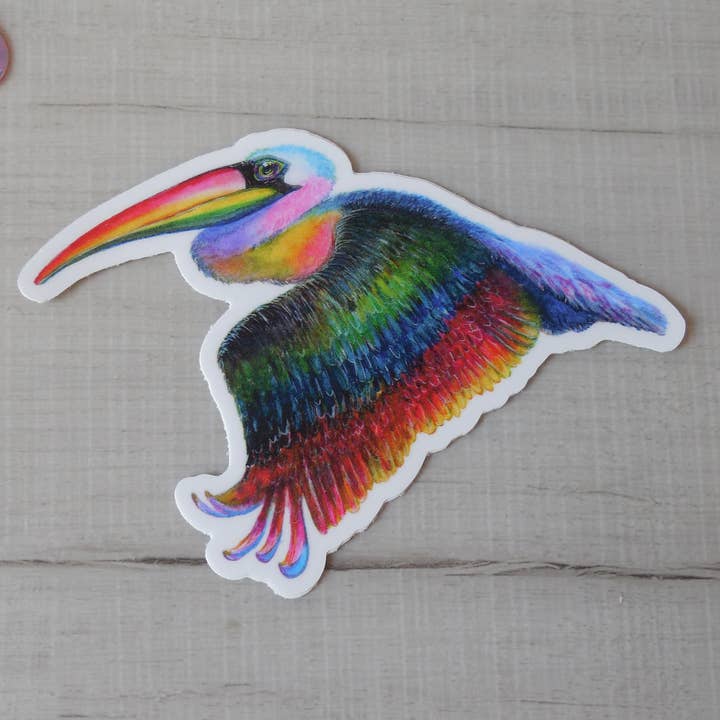 Rainbow Pelican Weatherproof Sticker for wholesale by RJonesArtist