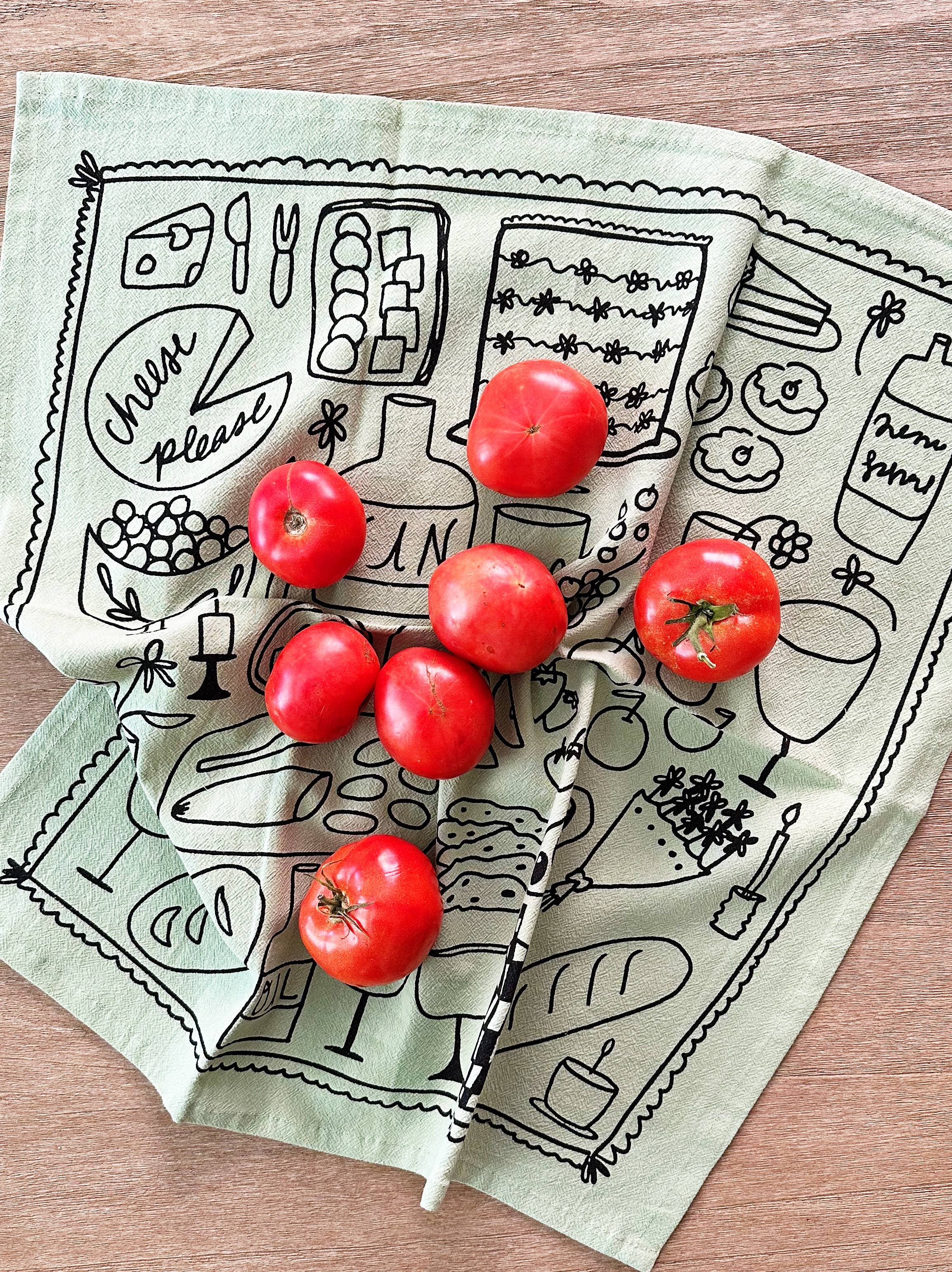 Julie Peach - Wholesale Tea Towel - Picnic on Sage Green Tea Towel - 100% Cotton2