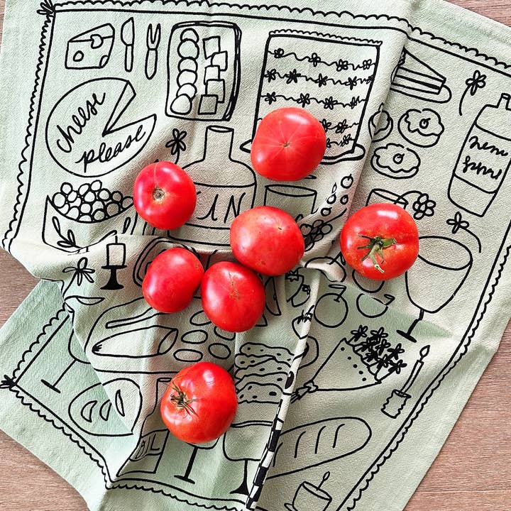 Julie Peach - Wholesale Tea Towel - Picnic on Sage Green Tea Towel - 100% Cotton2