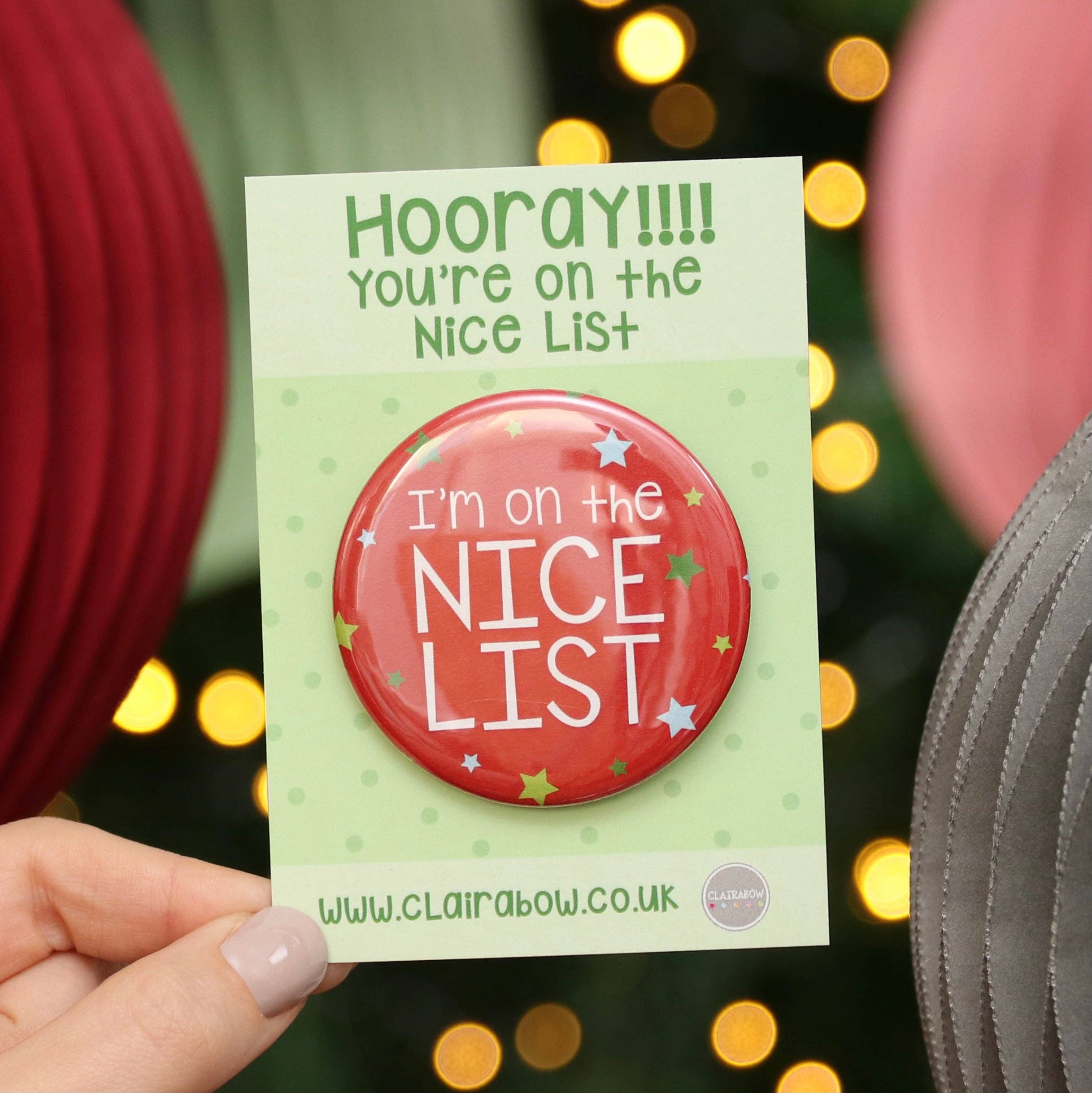 Clairabow – wholesale Lapel pin/button – I'm On The Nice List Christmas Badge1
