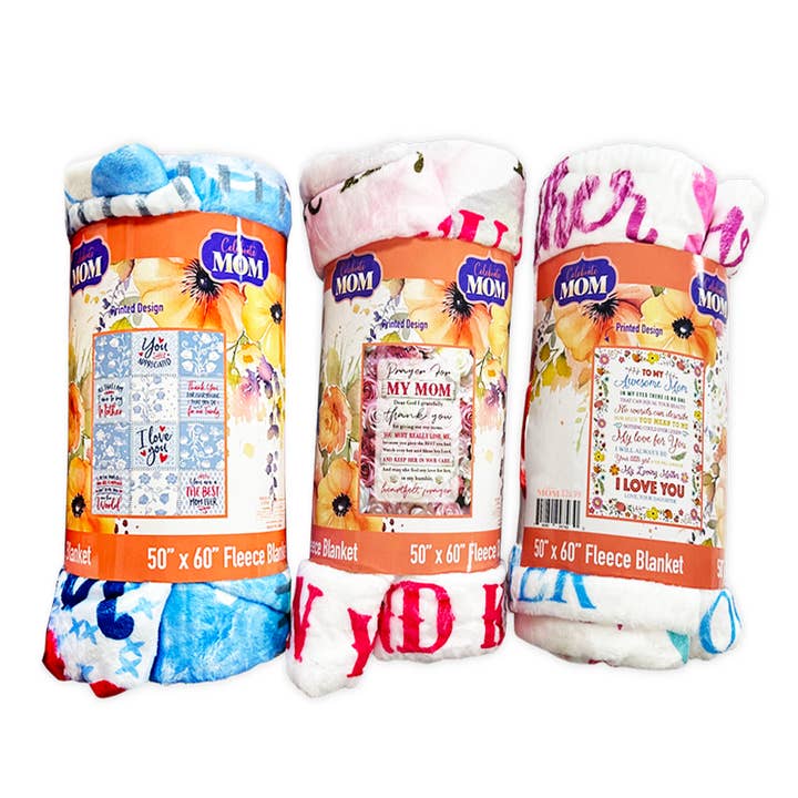 Novelty Closeout - Wholesale Throw Blanket - Mother's Day 60" x 50" Full Print Fleece Throw Blanket- 3/Pk0
