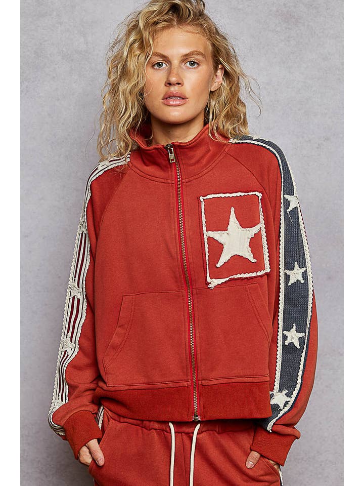 Pol Clothing - Wholesale Jacket - Women's - Long sleeve French terry star patch striped elastic jacket1