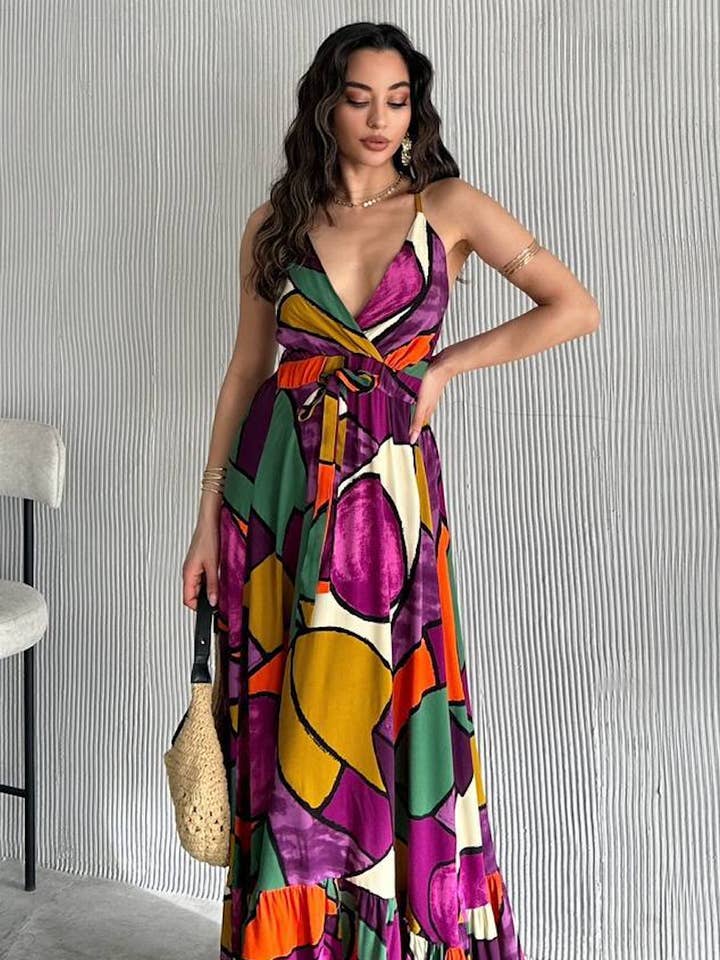 Colorful Print Maxi Dress – Wrap V-Neck Woven Fabric for wholesale by SoulofMu