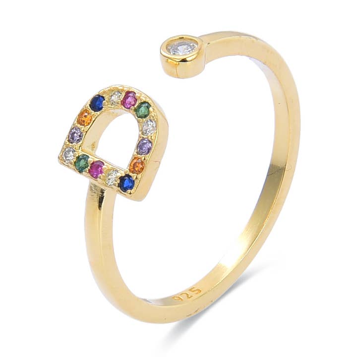 Bague Luxenter D en argent 925 et circonita multicolore à finition dorée jaune de 18 carats pour la vente par Luxenter