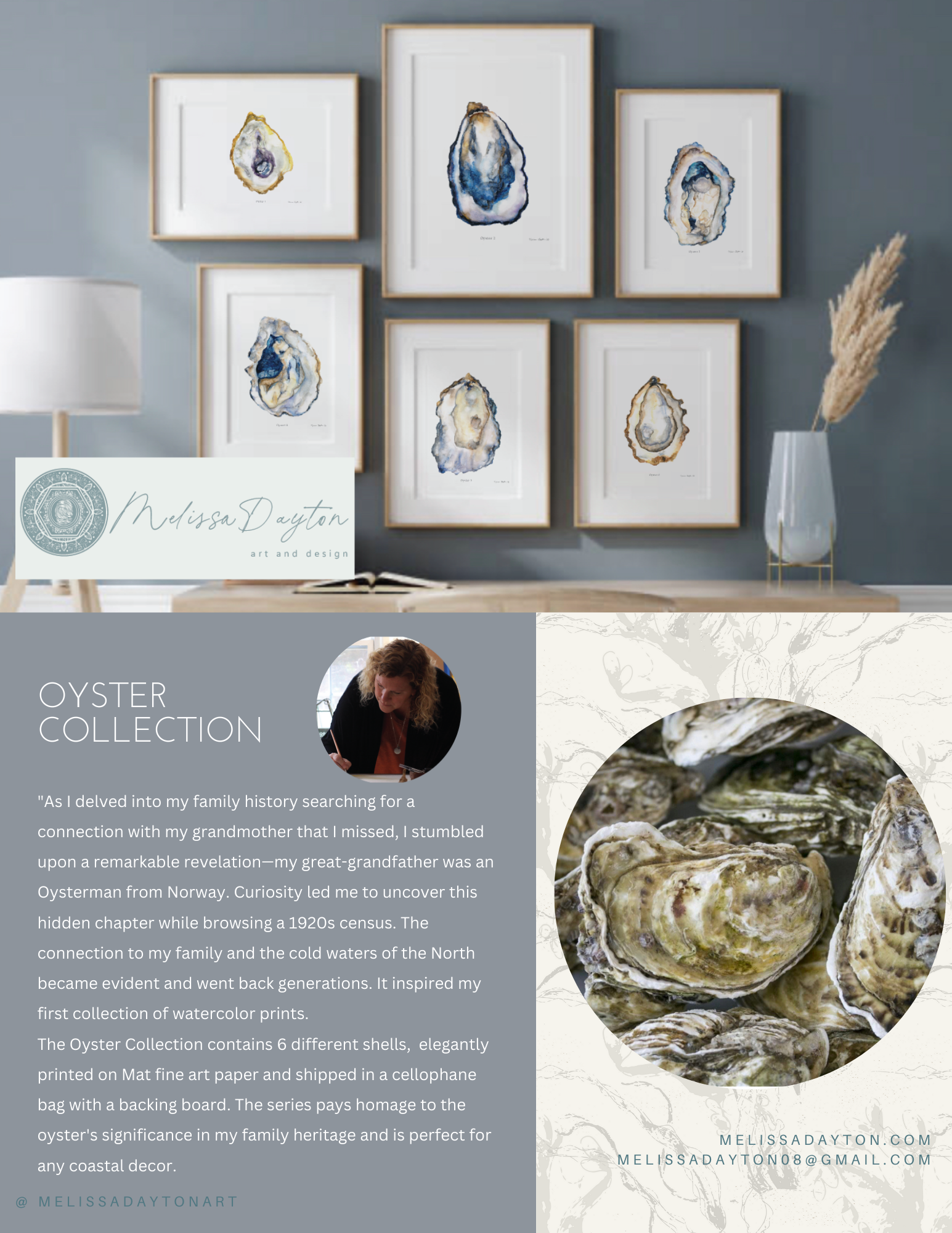 Melissa Dayton Art and Design - Wholesale Gallery Wall Set - Oyster Fine Art Prints- set 6-framed 11 x 148