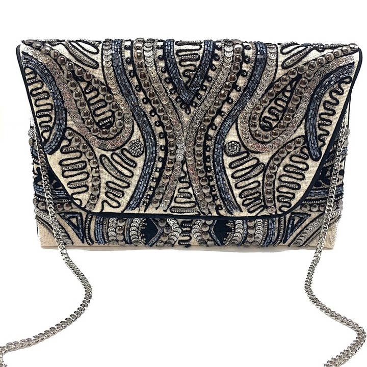 HEMATITE STUDDED BEADED CLUTCH for wholesale by Pizzazz, Inc.