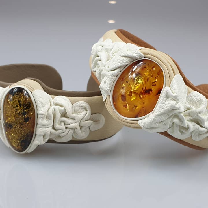 Leather bracelet Baltic Amber cuff bracelet with gemstone for wholesale by AmberLithuania