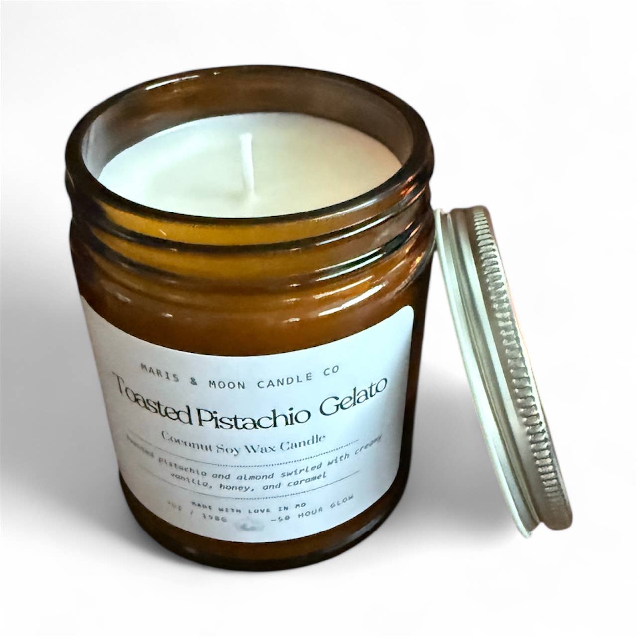 Maris & Moon Candle Co. - Wholesale Jar/Filled Candle - Toasted Pistachio Gelato candle Amber glass Fall1