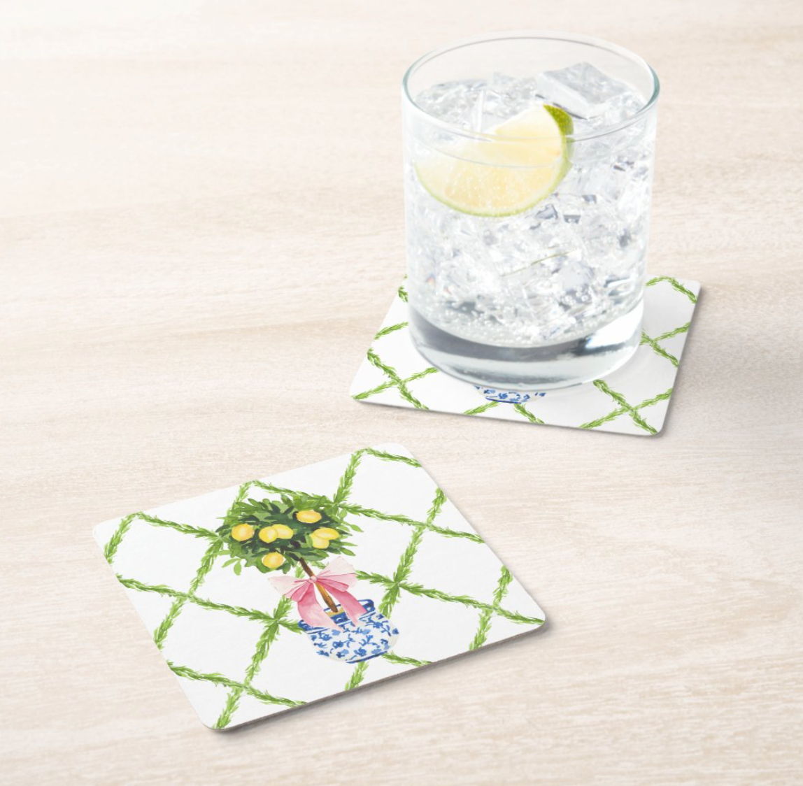 Design Carolinas - Vente Sous-verre jetable - Ensemble de 8 dessous de verre en papier Chinoiserie Citron Topiaire1