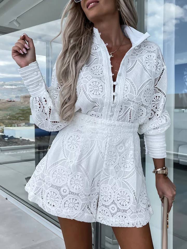 Lily Clothing - Wholesale Top & Short Set (NOT Loungewear) - Women's - SINGLE BREASTED STAND COLLAR LACE SHORTS SUIT0