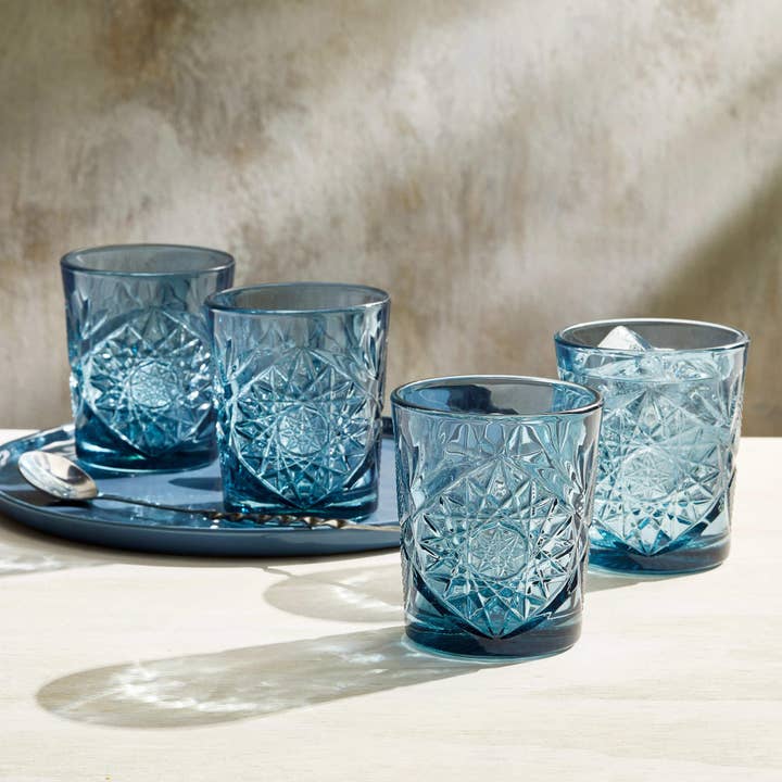 Libbey - Wholesale Cocktail/Liquor Glass - Libbey Hobstar Blue Rocks DOF Glasses, 12oz, Set of 4