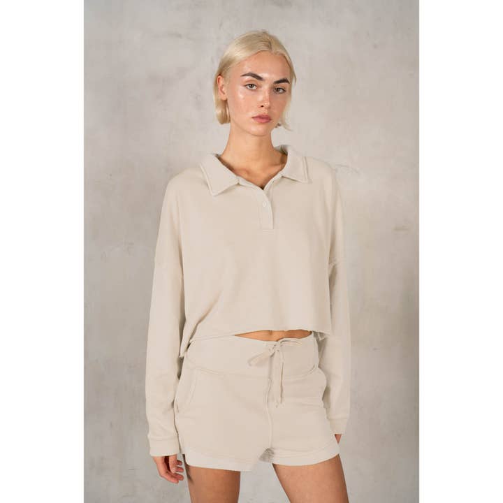 Half-geknoopte henley sweatshirt set met shorts voor wholesale door lalamia