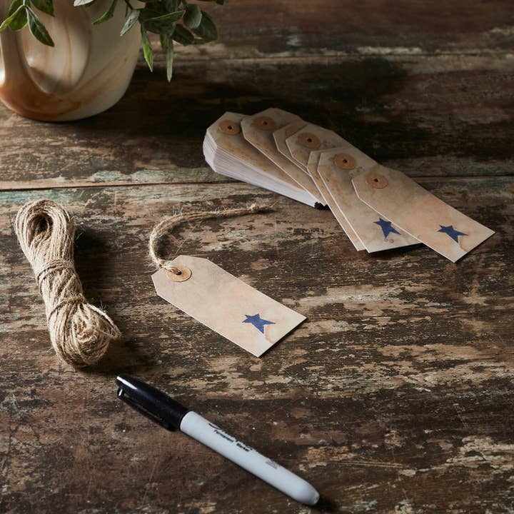 VHC Brands - Wholesale Gift Tag Label - Primitive Star Tea Stained Paper Tag Navy 3.75x1.75 w/ Twine Set of 50