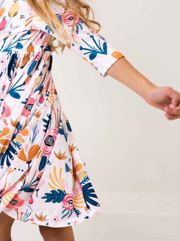 Mila & Rose - Wholesale Dress - Kids - Blush Peony 3/4 Sleeve Pocket Twirl Dress2