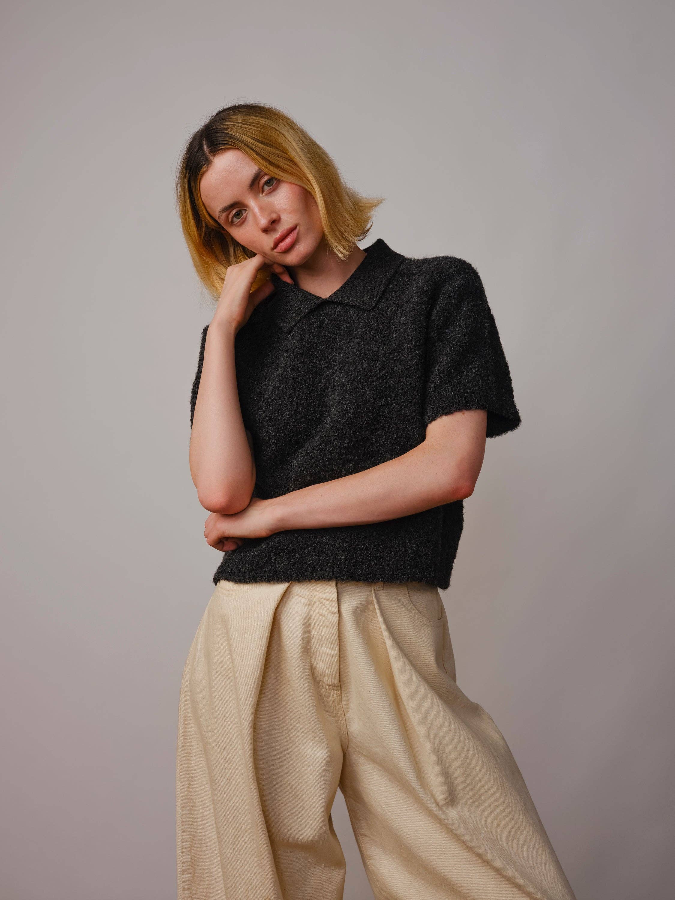 The Endery - Wholesale Polo - Women's - Ramona Bouclé Short Sleeve Polo - Anthracite8