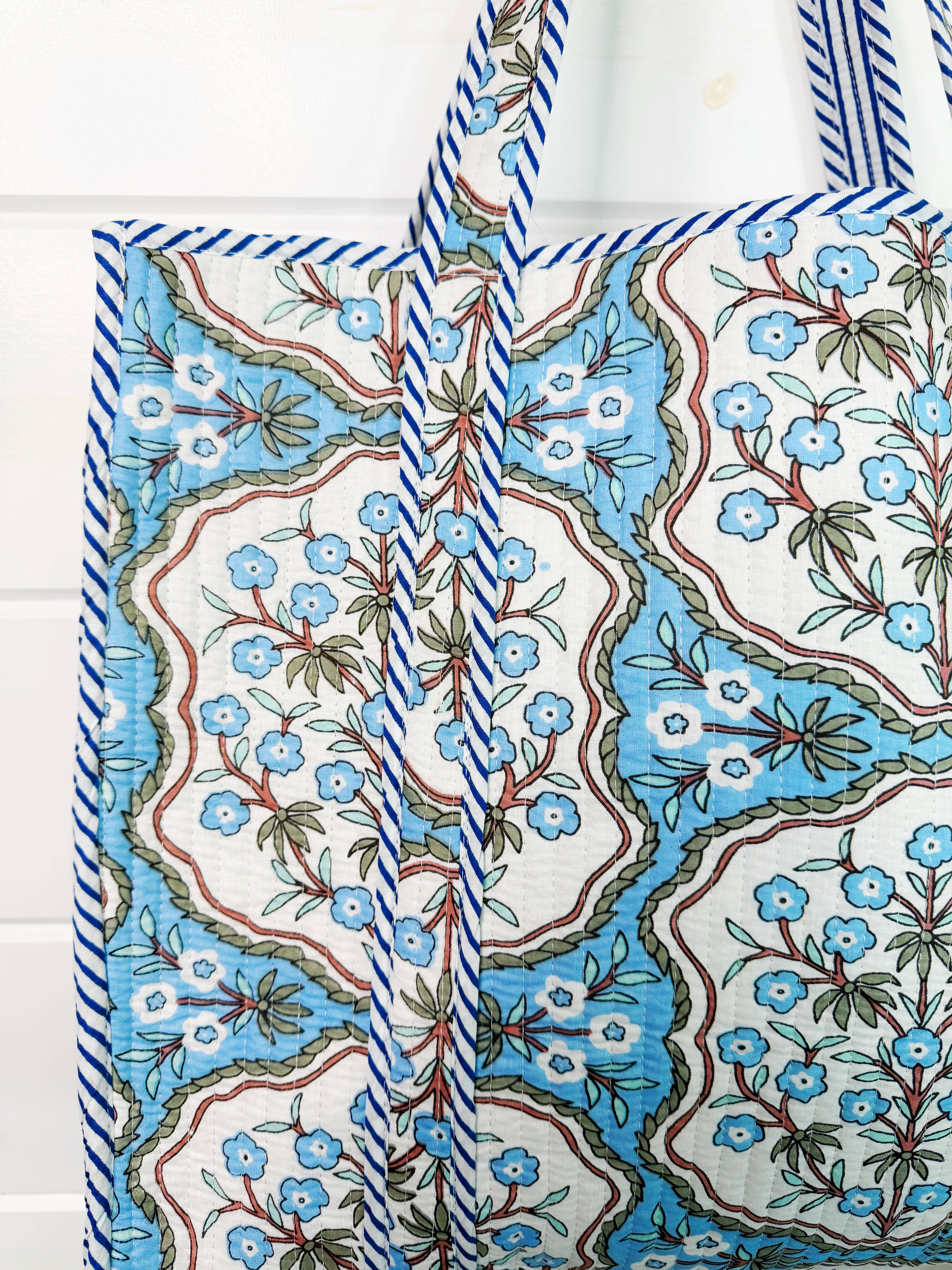 Folklore Couture - Wholesale Tote Bag - Women's - Tote Bags Quilted | Large Travel Tote | Blue Petals Print2