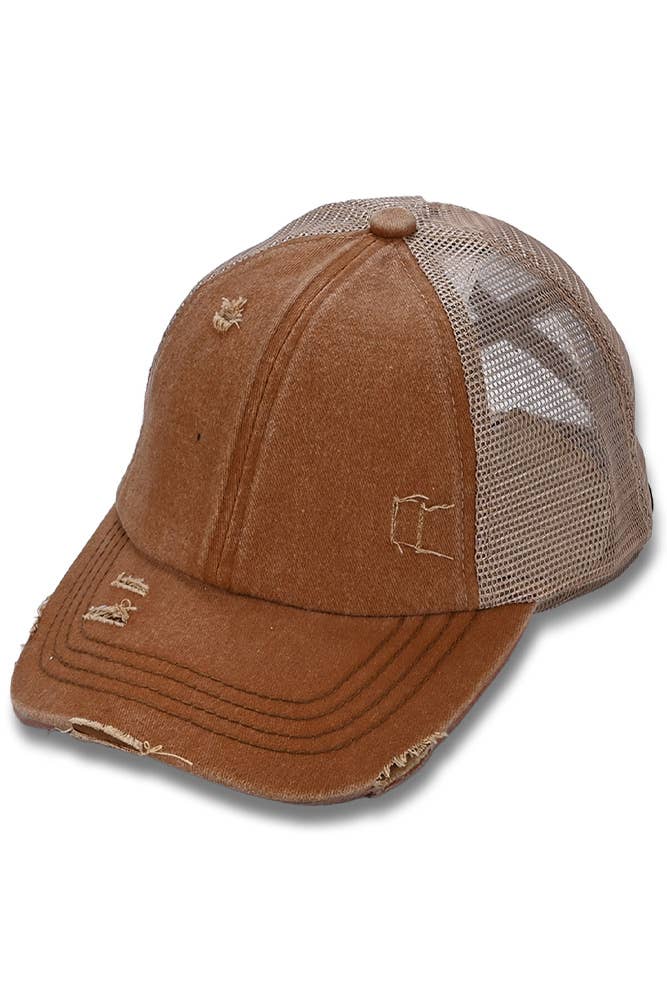 Hana - Wholesale Ponytail Cap - Women's - C.C Washed Denim with Crossed Elastic Band Mesh Pony Cap25