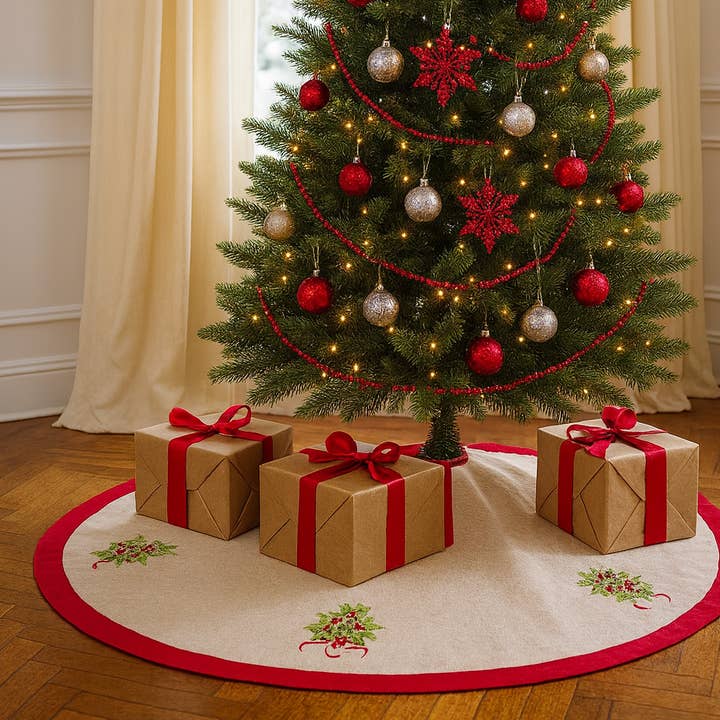 Red Natural Embroidered Holly 53" Round Christmas Tree Skirt for wholesale by Fennco Styles