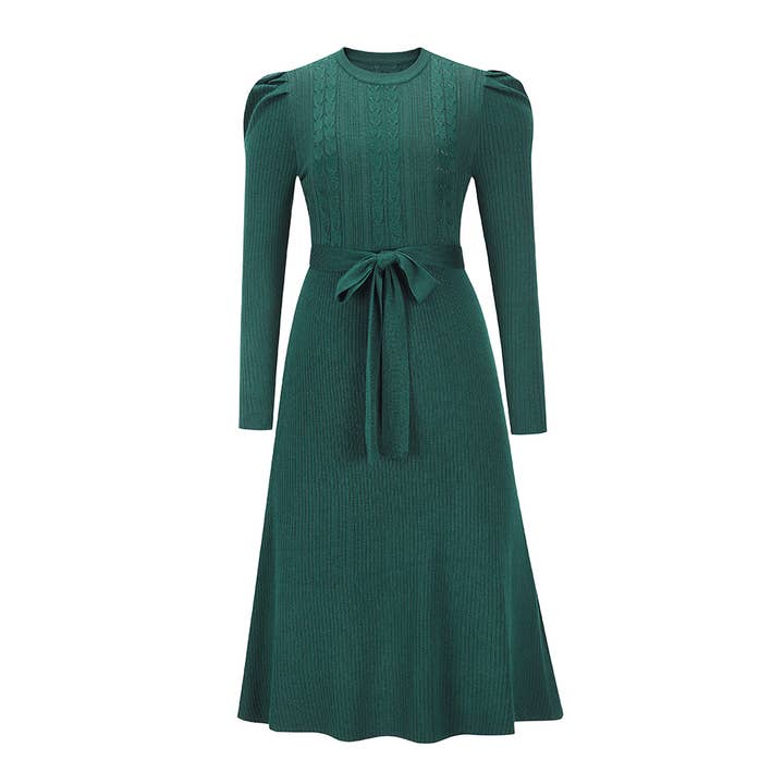 HIDDENBRAND - Wholesale Dress - Women's - waist tie cocktail cable knit midi dress winter dress26