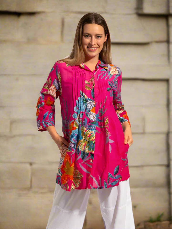 Maroochy Collared Shirt In Pink Birds for wholesale by Mozaic by Euro Dreaming