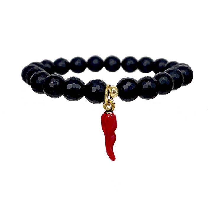 Men's Red Italian Horn Cornicello Black Gemstone Beaded Brac for wholesale by Love, Lisa