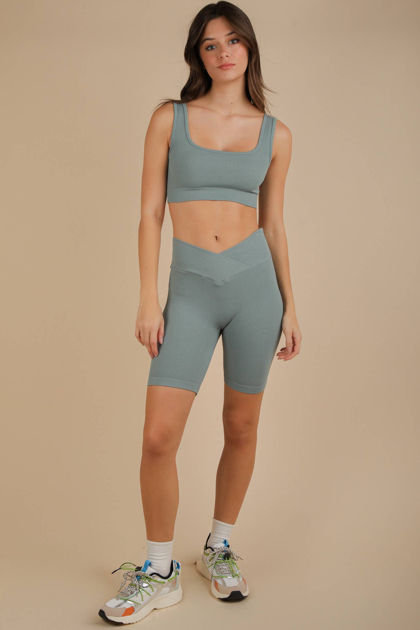 VERY J - Wholesale Activewear Set - Women's - NT12145SET-Ribbed Knit Activewear Top & Shorts Set7