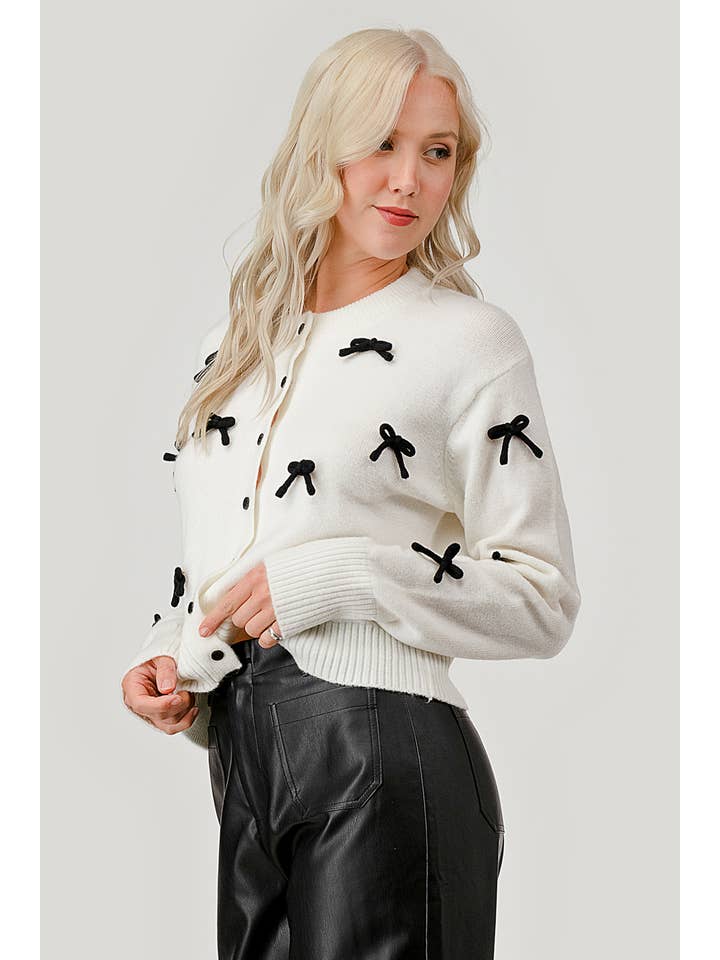 Off White Bow Embroidered Lightweight Sweater, OT50939 for wholesale on Faire