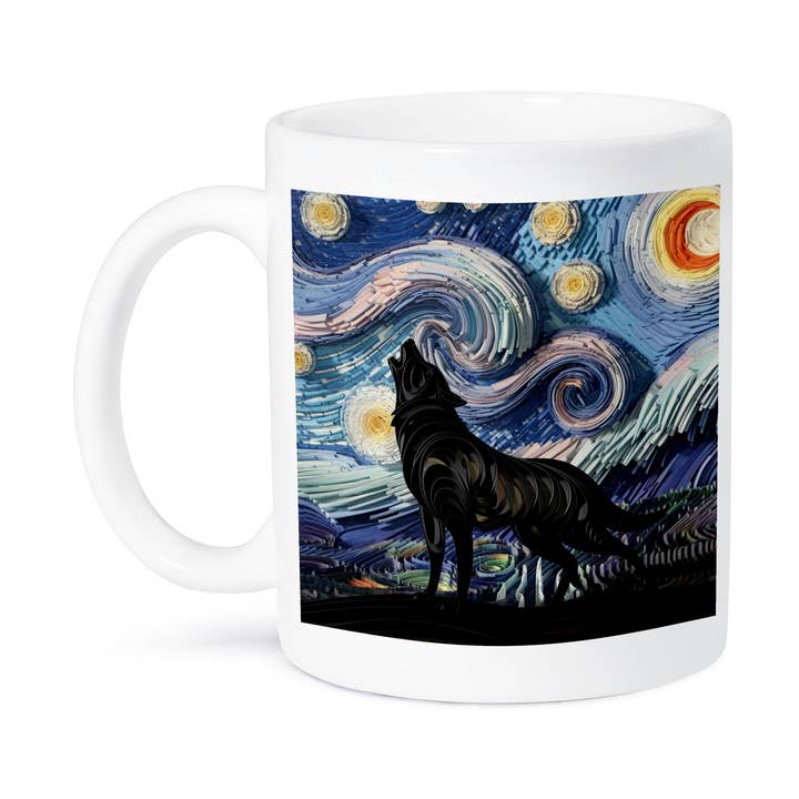 3dRose, Caneca Divertida e Estilosa de Lobo Uivando para a Lua Van Gogh Noite Estrelada Abstrata por atacado de 3dRose